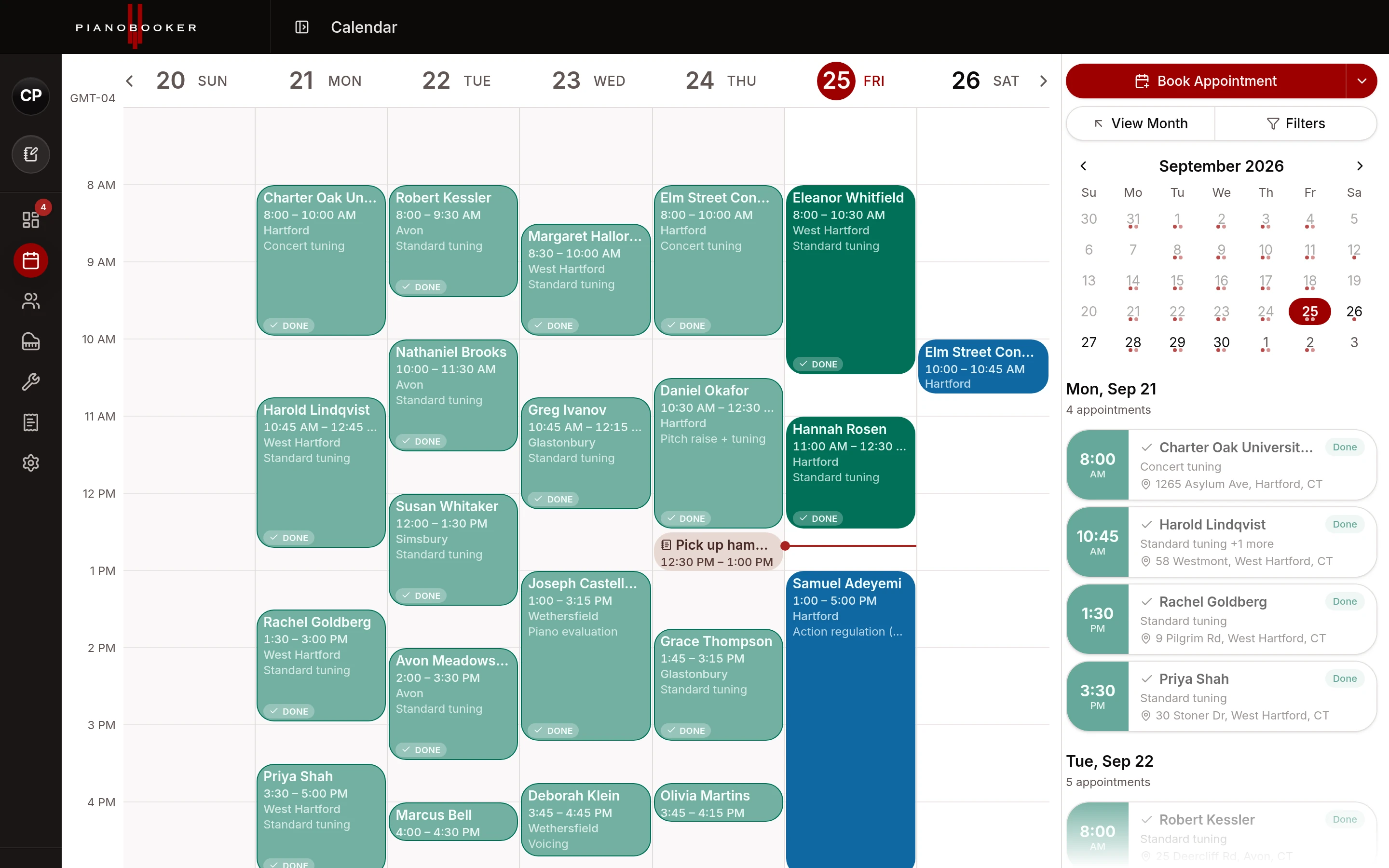 A full week on the calendar: every visit with its client, town and service