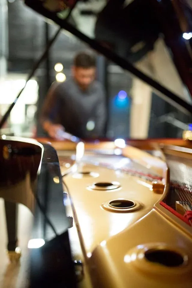 Randy Cassotto at work behind the open lid of a grand piano